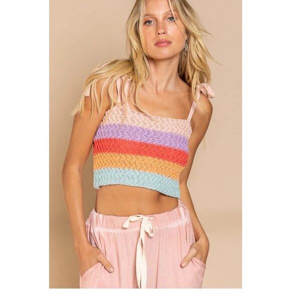 NWOT POL Tie-Shoulder Crochet Crop Top – Rainbow Stripes - Picture 2 of 9